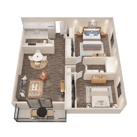 a 3d floor plan of a bedroom with a living room